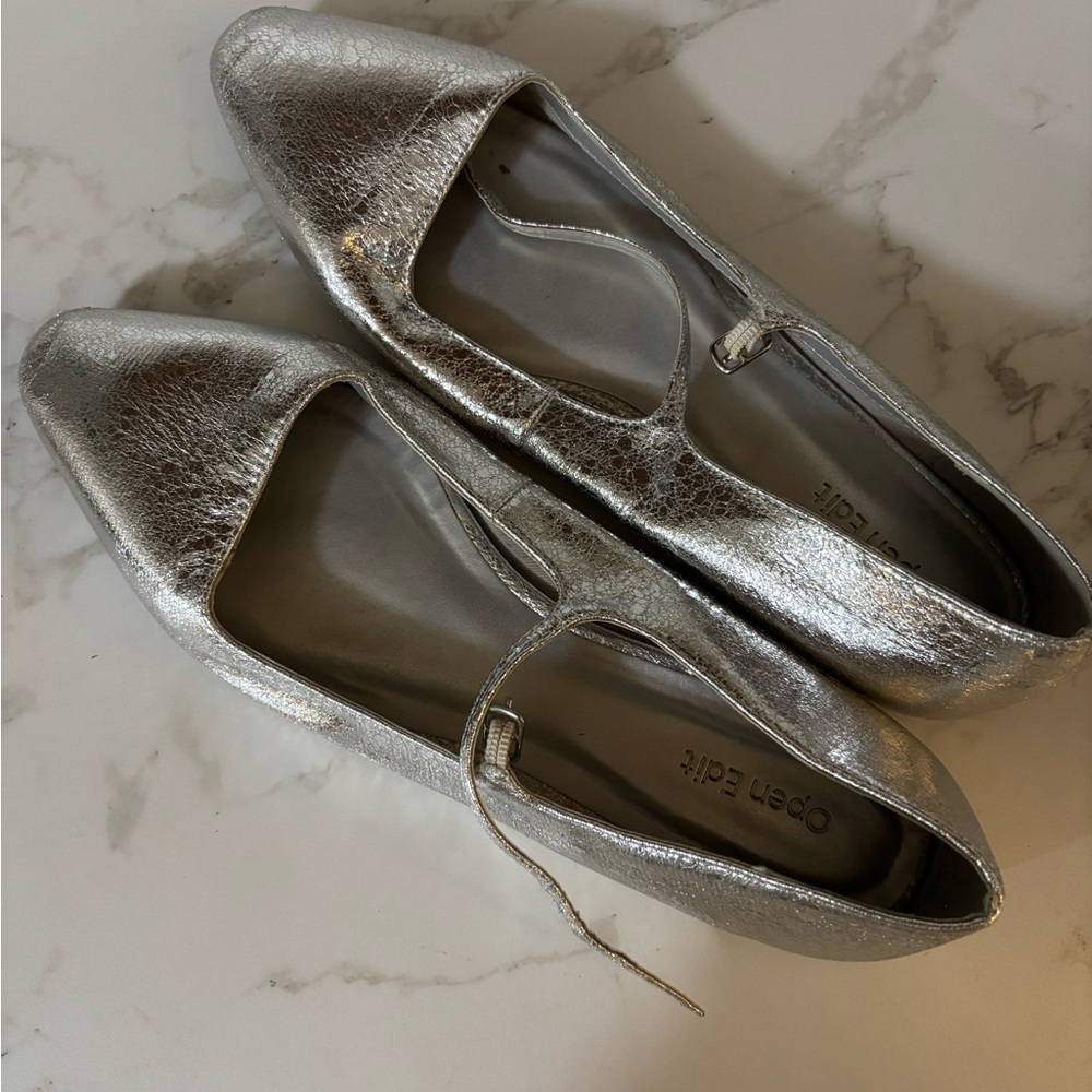 Women’s Silver Mary Jane Flats with Buckle Strap
